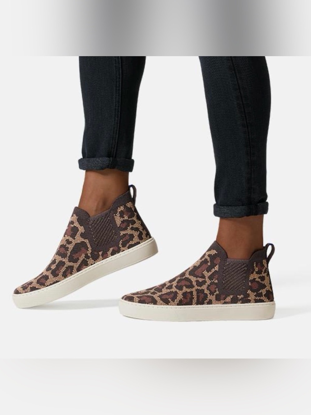 Rothy's Wildcat Leopard Knit Chelsea High-Top Sneakers in Brown and Cream